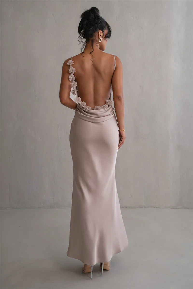 Floral Draped Backless Maxi Long Dress For Women Fashion Spaghetti Strap Sleeveless Evening Party Dress Elegant