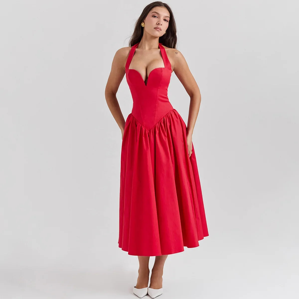 Summer Fit and Flare Halter Dress, Red Elegant Party Dresses, Sexy Long Casual Dress Women's Clothing