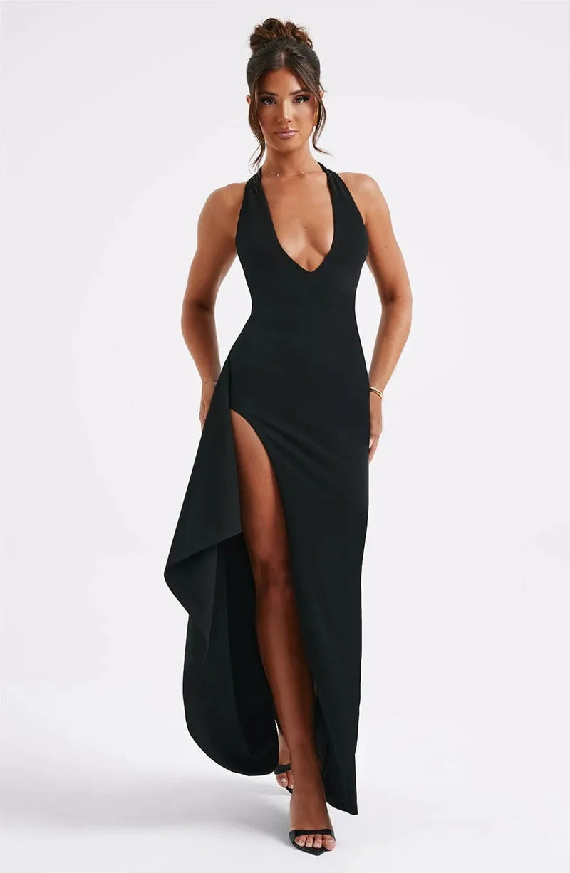 Deep V Neck Thigh High Split Maxi Dress Women Halter Sleeveless Backless Club Party Sexy Long Dress New