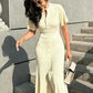 Elegant Knitted Ribbed Long Dress Women Slim Wave O-neck Short Sleeve