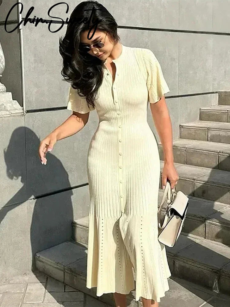 Elegant Knitted Ribbed Long Dress Women Slim Wave O-neck Short Sleeve