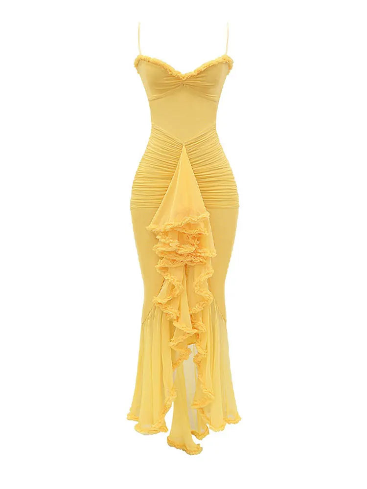 Ruffles Hem Pleated Sling Maxi Dress Sexy Sleeveless Backless Slim Robes