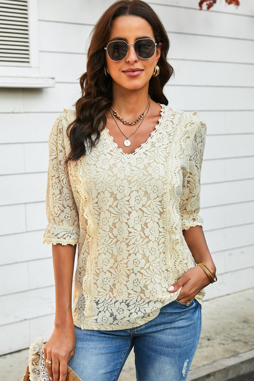 Lace V-Neck Flounce Sleeve Top