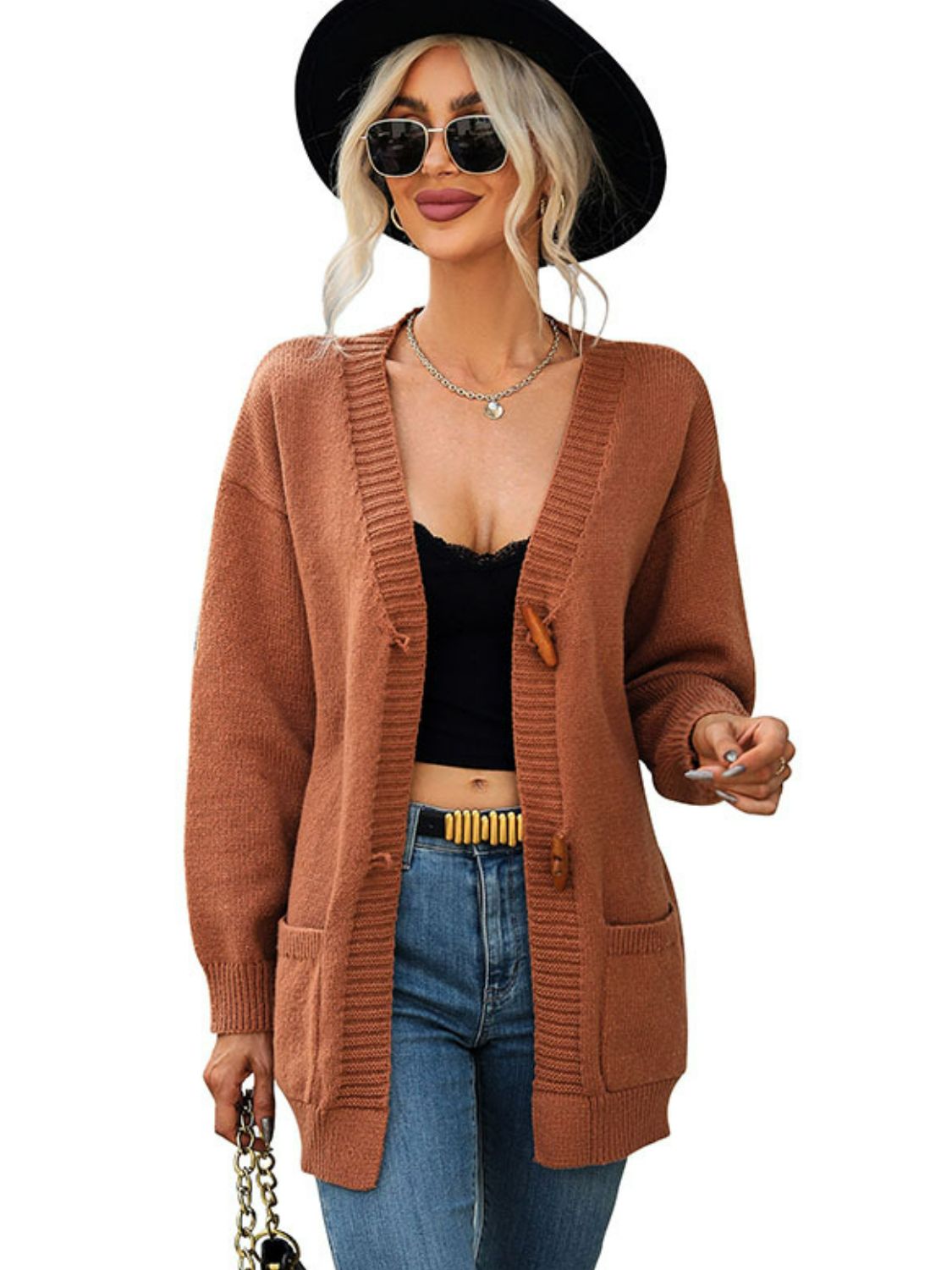 Toggle Closure Ribbed Trim Dropped Shoulder Cardigan