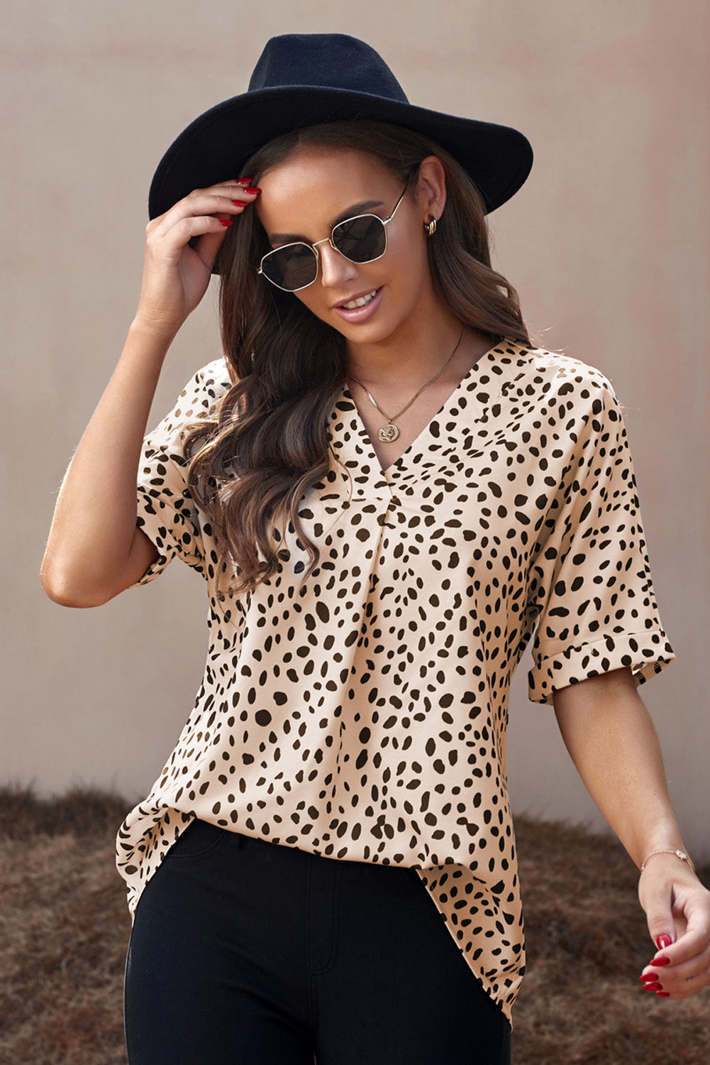 Printed V-Neck Cuffed Tunic Top