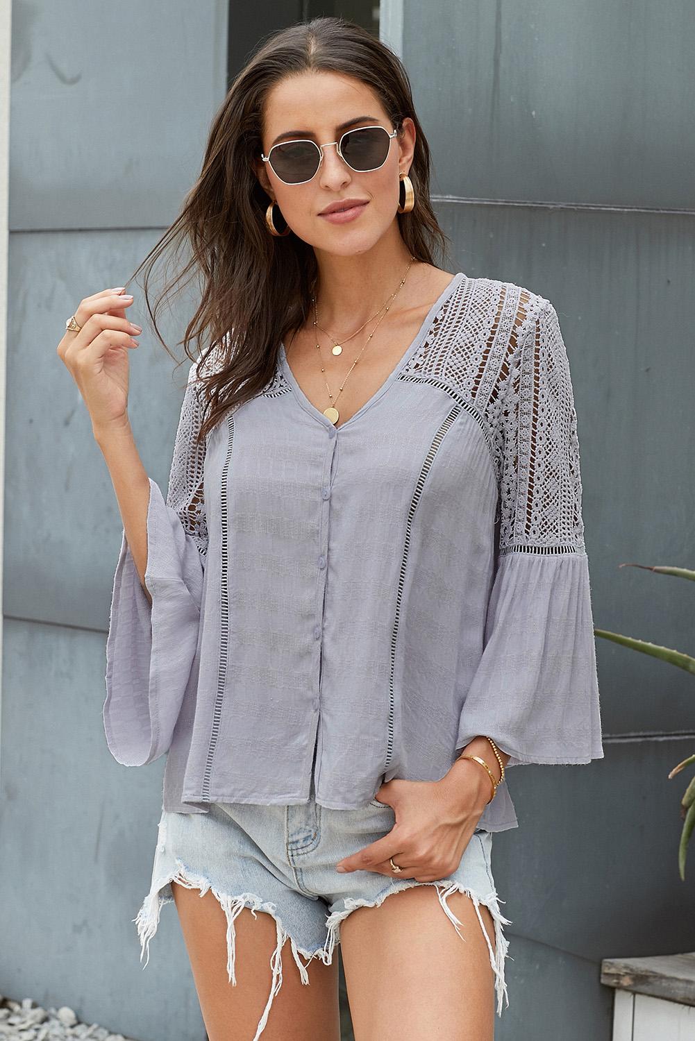 Flare Sleeve Spliced Lace V-Neck Shirt