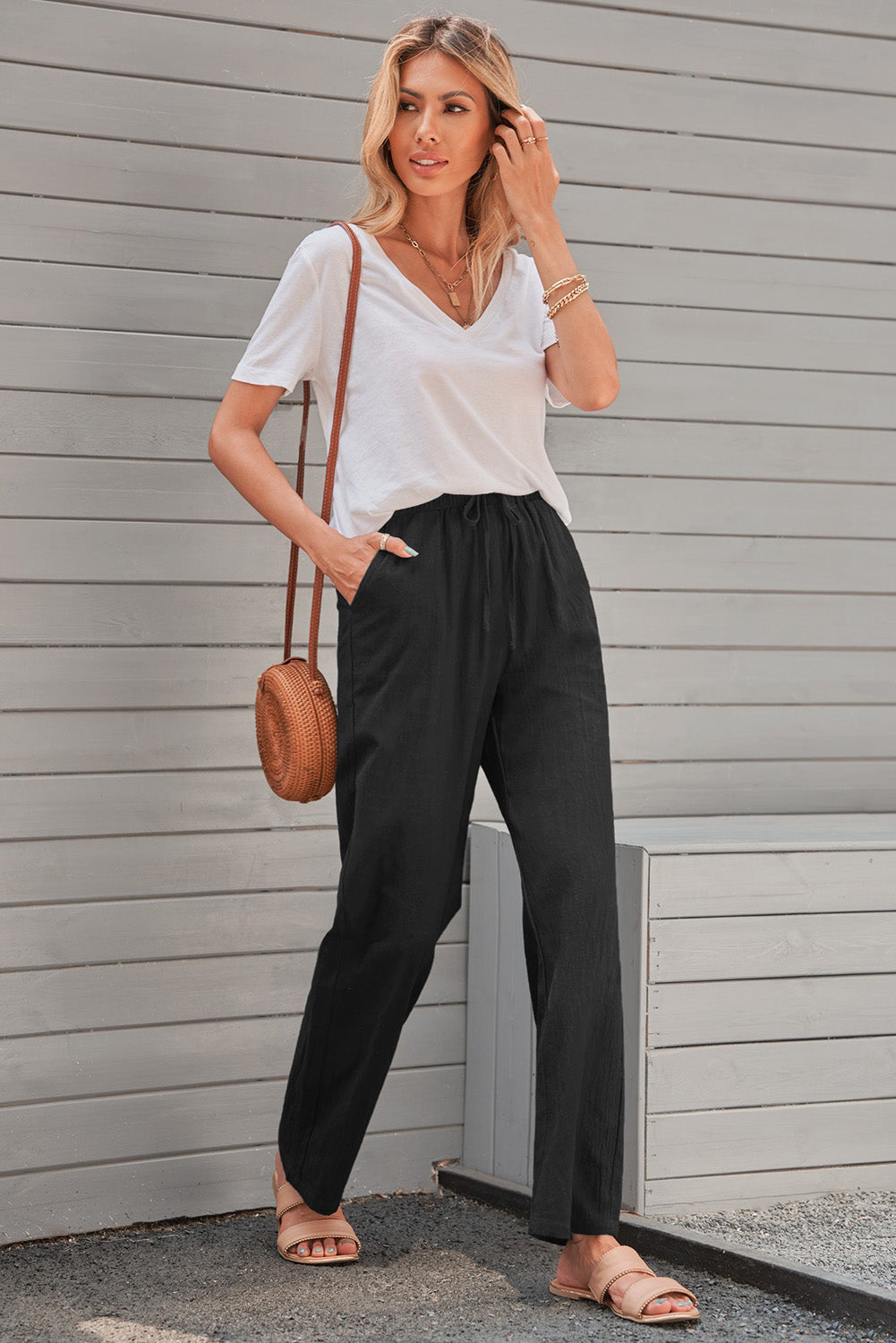 Drawstring Elastic Waist Pants with Pockets