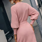 Belted Surplice Lantern Sleeve Wrap Sweater Dress