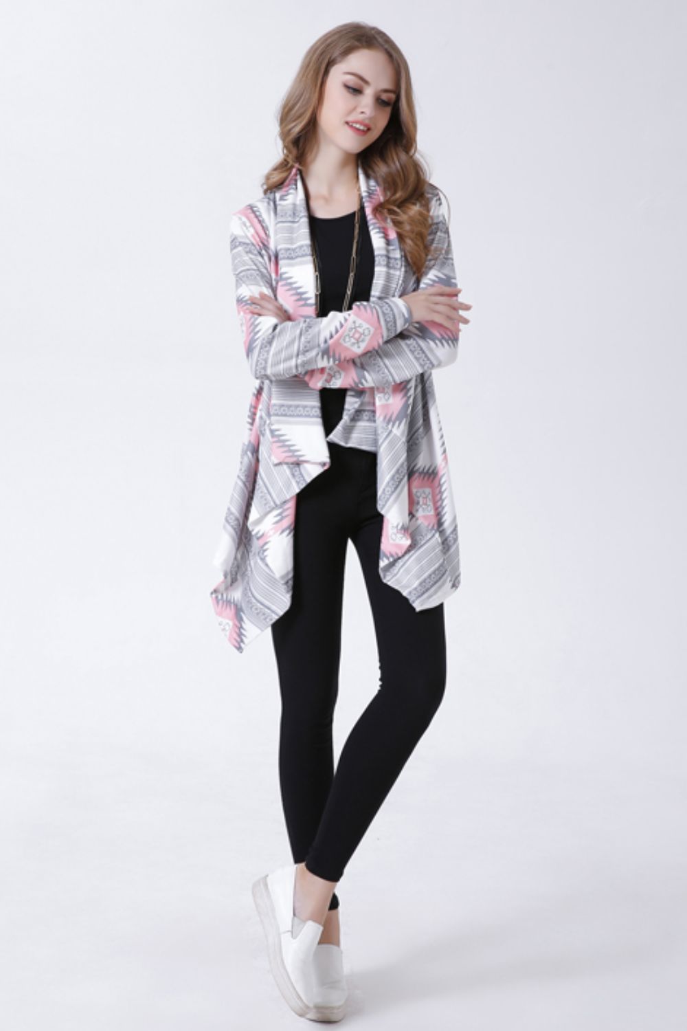 Geometric Open Front Handkerchief Hem Cardigan