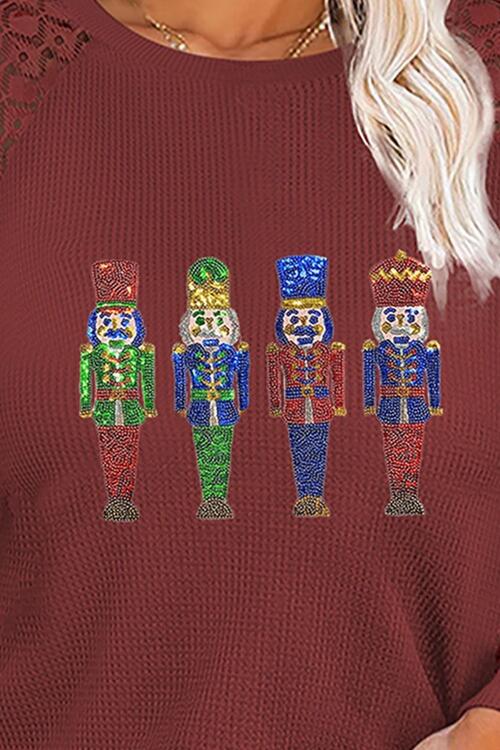 Plus Size Waffle-Knit Sequin Nutcracker Lace Detail Sweatshirt