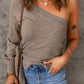 Side Tie One-Shoulder Ribbed Trim Sweater