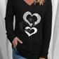Heart Contrast V-Neck Long Sleeve Tee