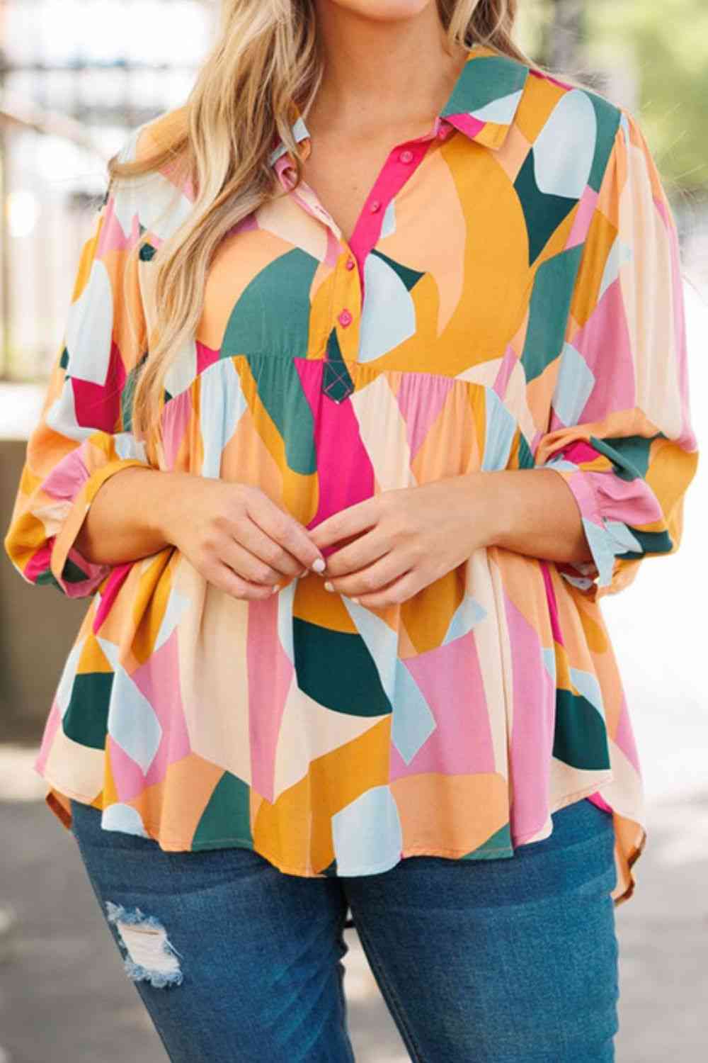 Plus Size Printed Collared Neck Half Button Top