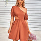 Cutout Asymmetrical Neck Puff Sleeve Dress