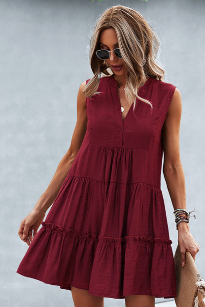 Frill Trim Notched Sleeveless Tiered Dress