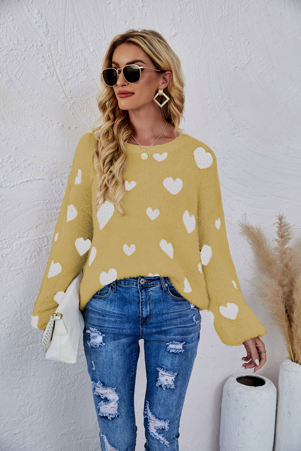 Heart Print Fuzzy Crewneck Long Sleeve Sweater