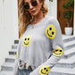 Smiley Face Distressed Round Neck Sweater