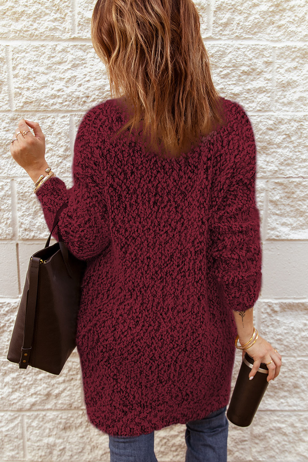 Fuzzy Popcorn Knit Open Front Longline Cardigan