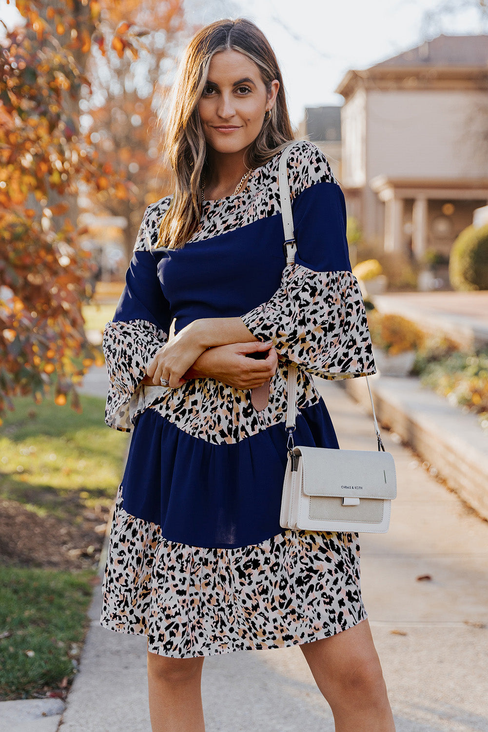 Animal Print Color Block Flare Sleeve Dress