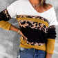 Leopard Color Block V-Neck Rib-Knit Sweater
