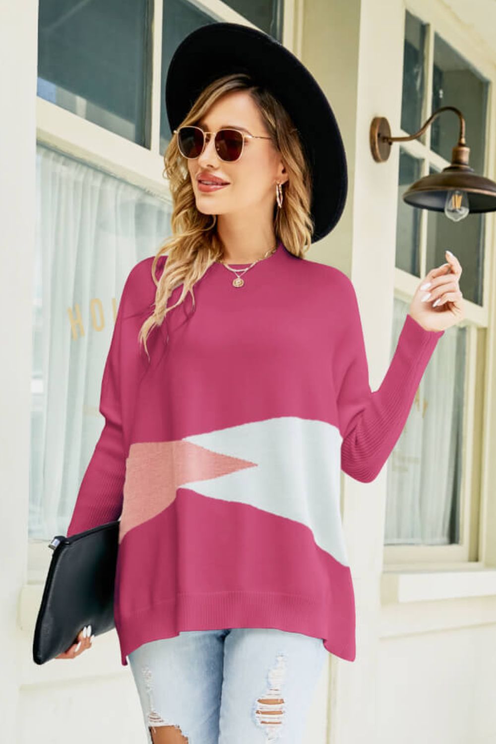 Color Block Round Neck Side Slit Sweater