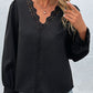 Scalloped Lace Trim Puff Sleeve V-Neck Blouse