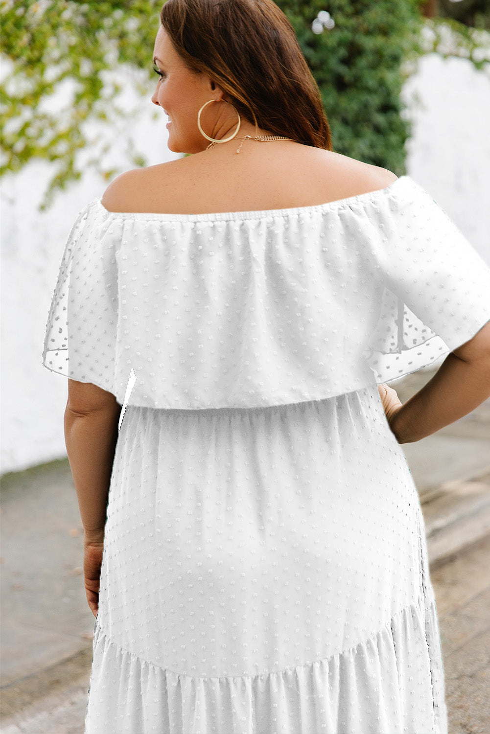 Plus Size Swiss Dot Off-Shoulder Tiered Dress