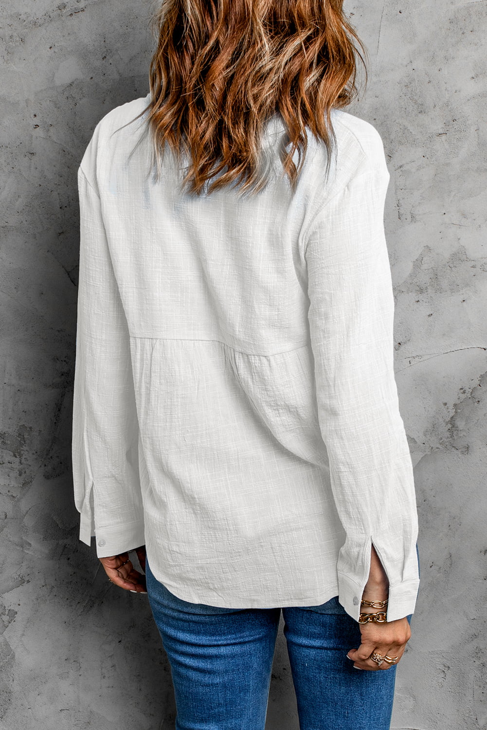 Textured Button Front Curved Hem Shirt