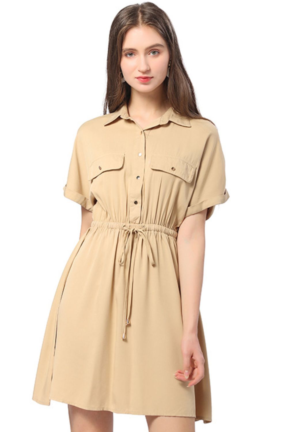 Half Button Drawstring Waist Short Sleeve Shirt Dress