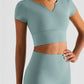 Notched Neck Short Sleeve Cropped Sports Top