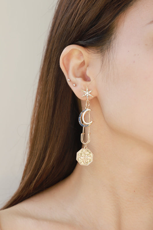 5-Pair Wholesale Inlaid Rhinestone Moon and Star Drop Earrings