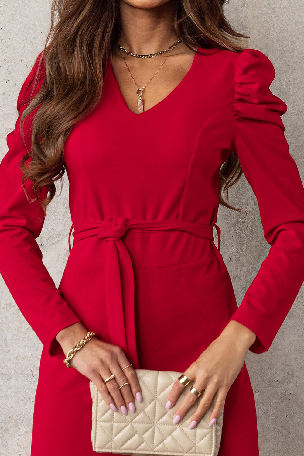 Belted Long Puff Sleeve V-Neck Jumpsuit