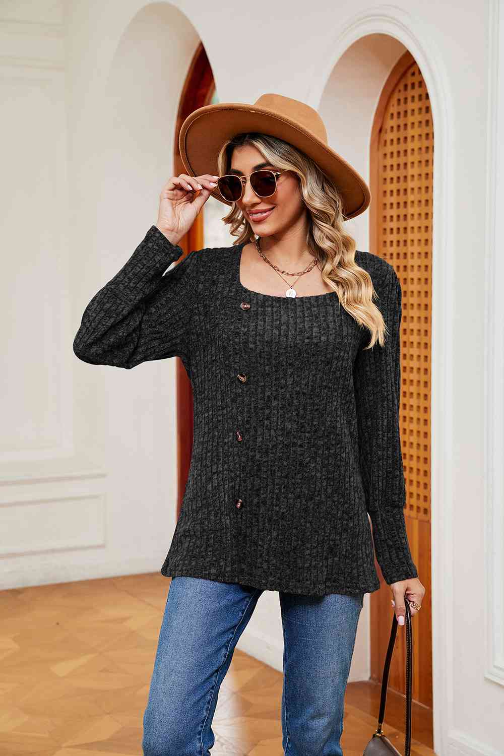 Decorative Button Slit Square Neck Top