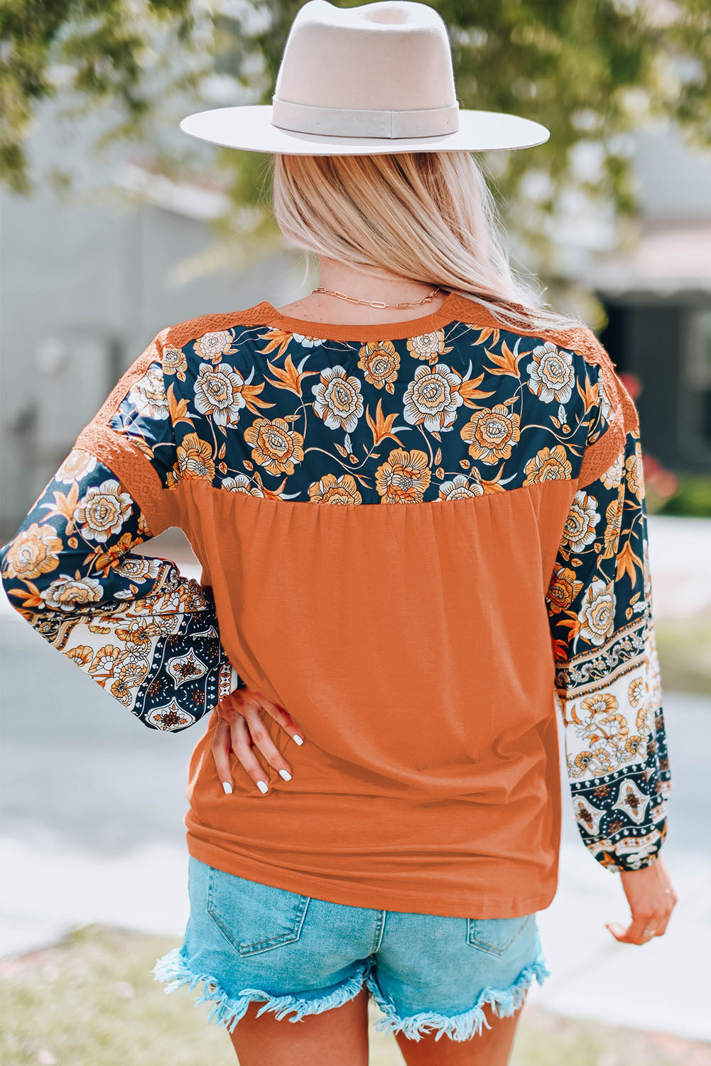 Floral Drop Shoulder Round Neck Top