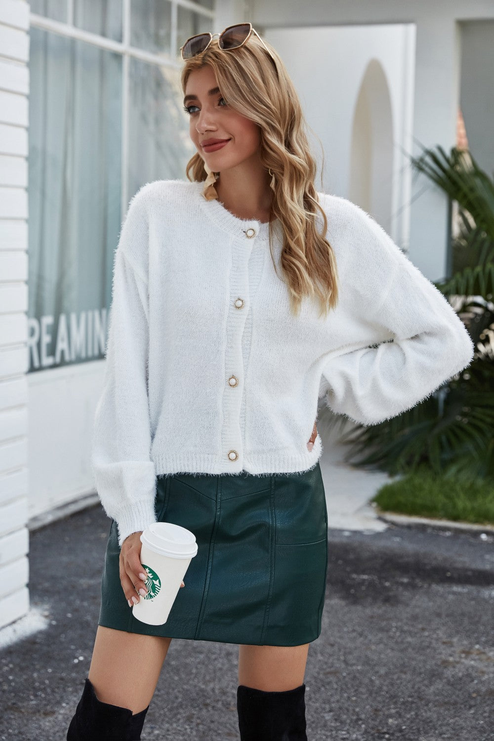 Round Neck Dropped Shoulder Fuzzy Cardigan