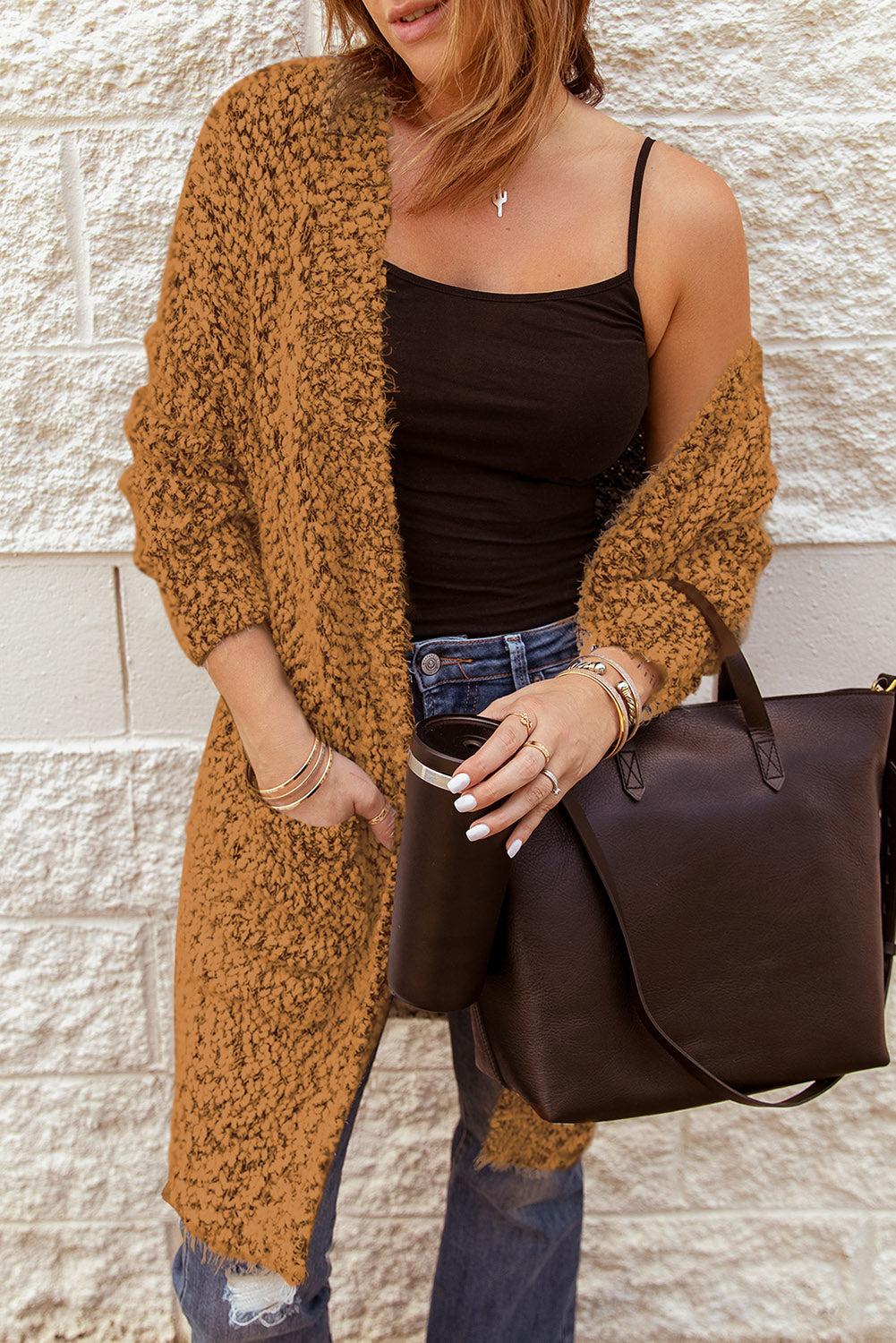 Fuzzy Popcorn Knit Open Front Longline Cardigan