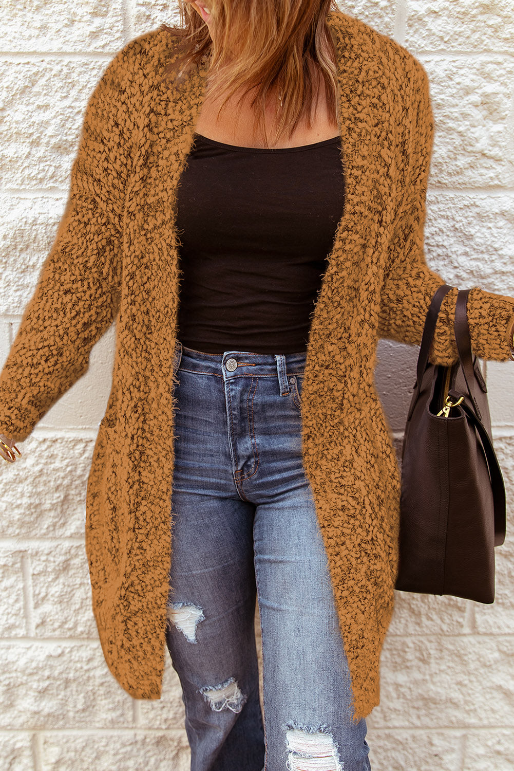 Fuzzy Popcorn Knit Open Front Longline Cardigan