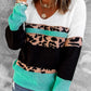 Leopard Color Block V-Neck Rib-Knit Sweater