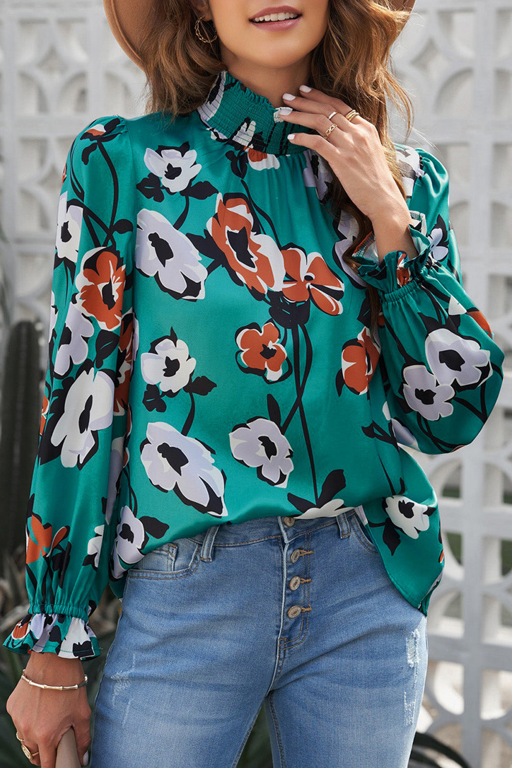 Floral Smocked Mock Neck Flounce Sleeve Blouse