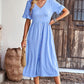 Gathered Detail Buttoned V-Neck Midi Dress