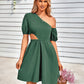 Cutout Asymmetrical Neck Puff Sleeve Dress