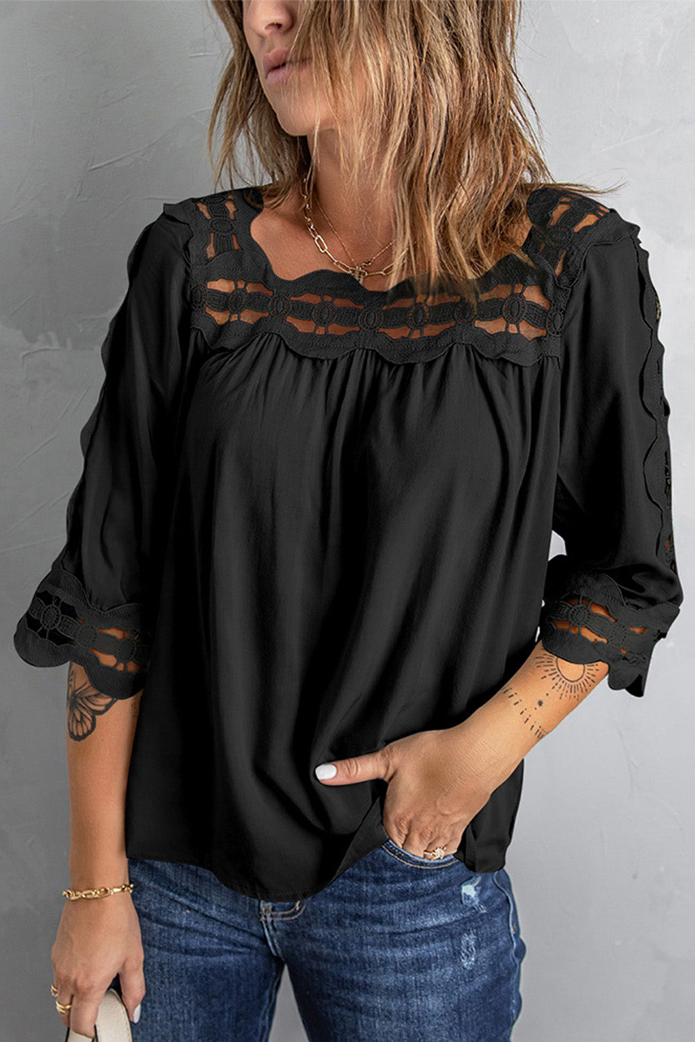 Crochet Openwork Three-Quarter Sleeve Blouse