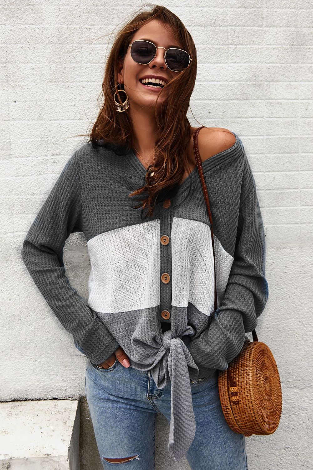 Color Block Waffle Knit V-Neck Top