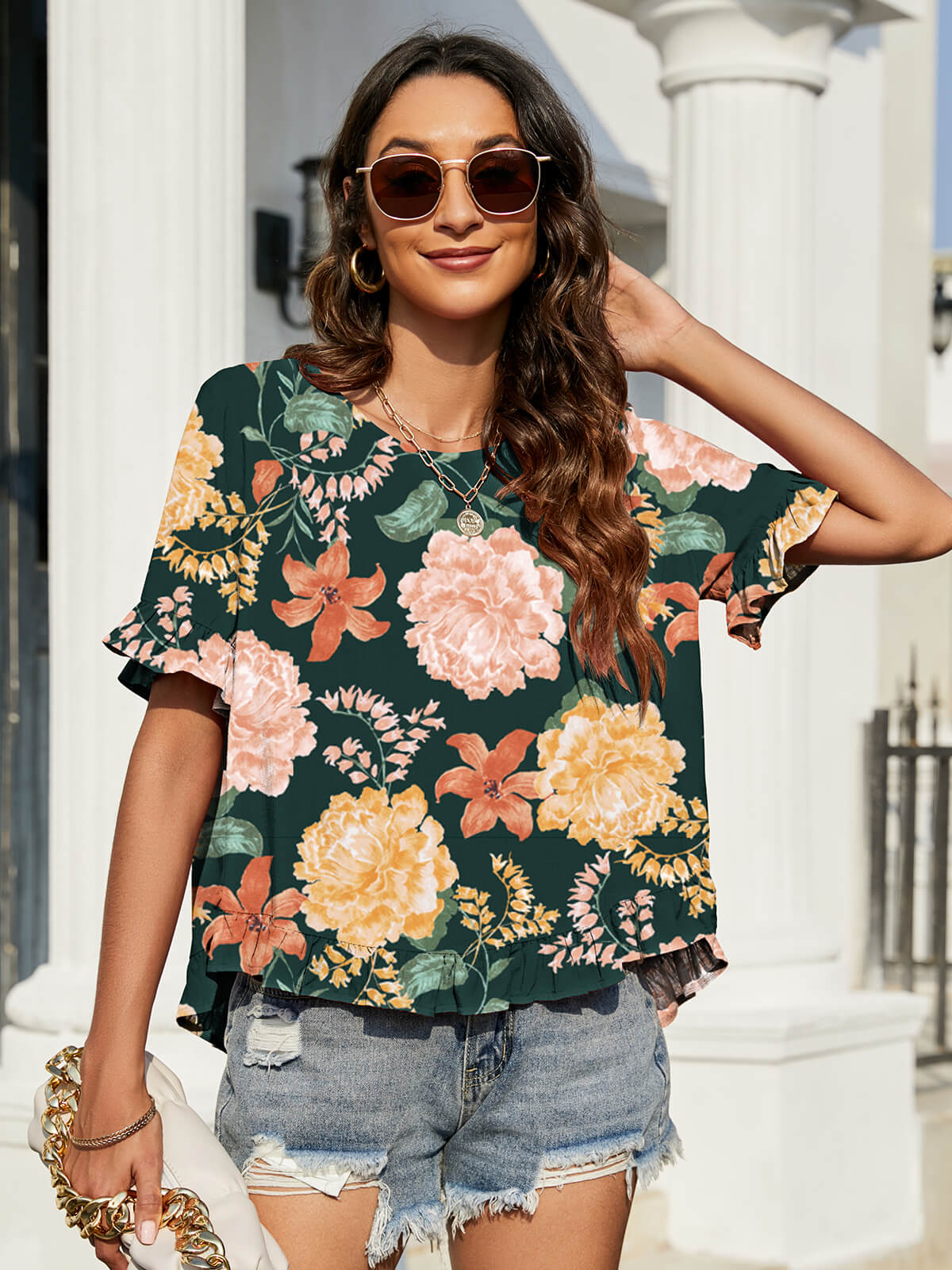 Floral Ruffled Flounce Sleeve Blouse