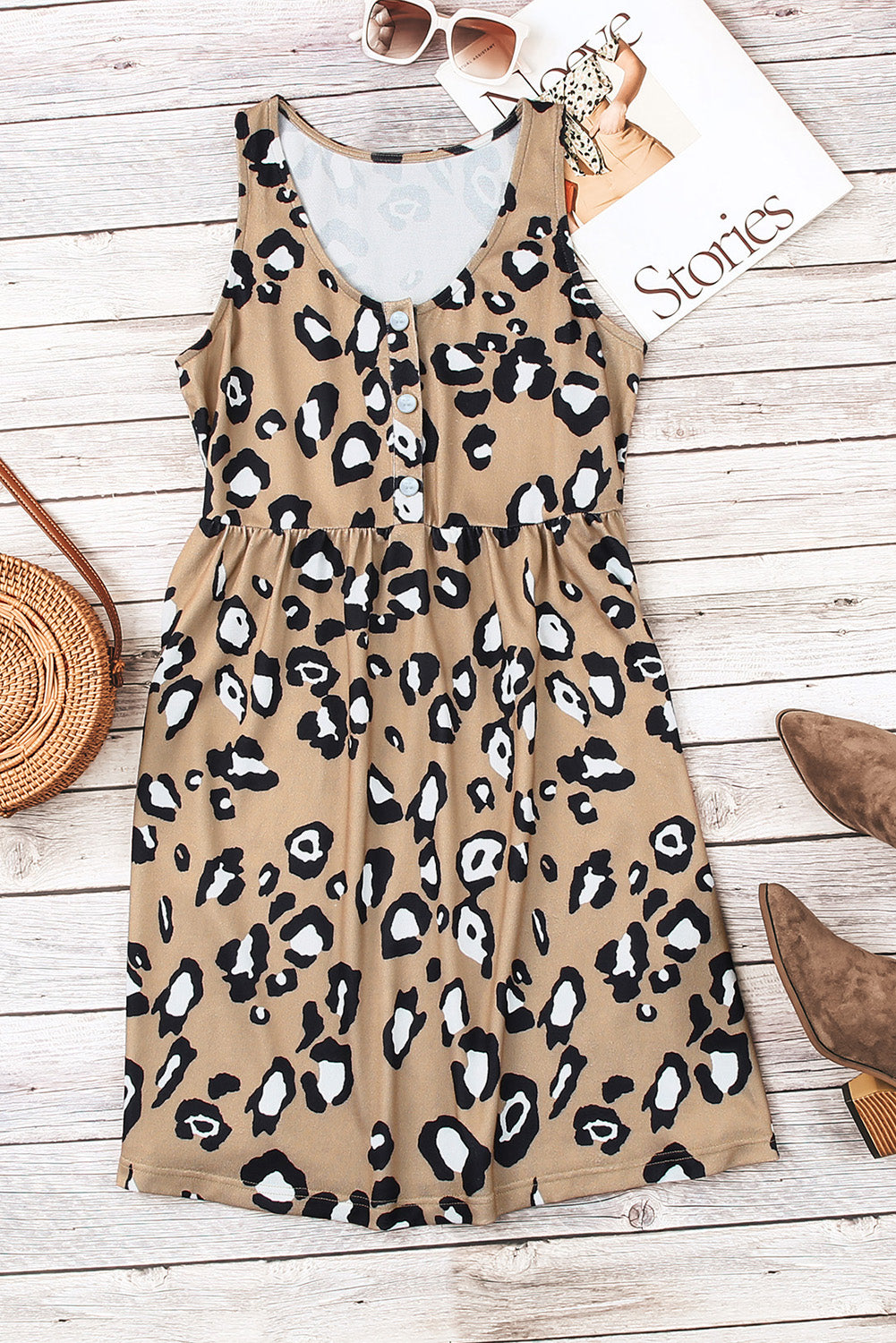 Leopard Buttoned Sleeveless Dress