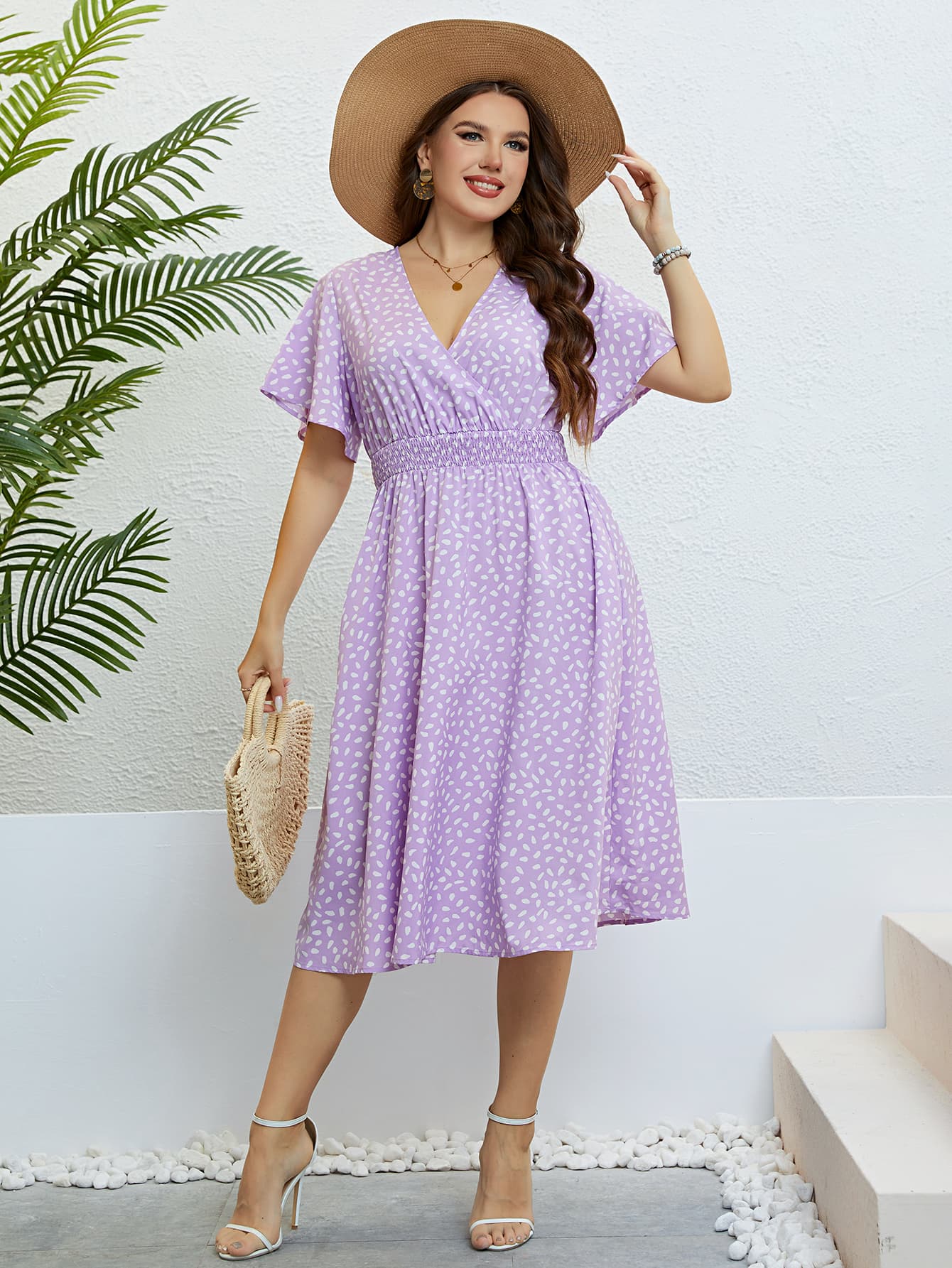 Plus Size Printed Smocked Waist Surplice Dress