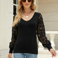 Lace Sleeve Ribbed Trim V-Neck Sweater