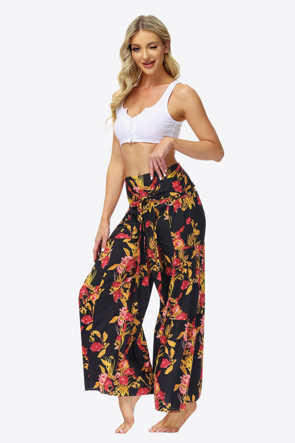 Floral Tie-Waist Tiered Culottes