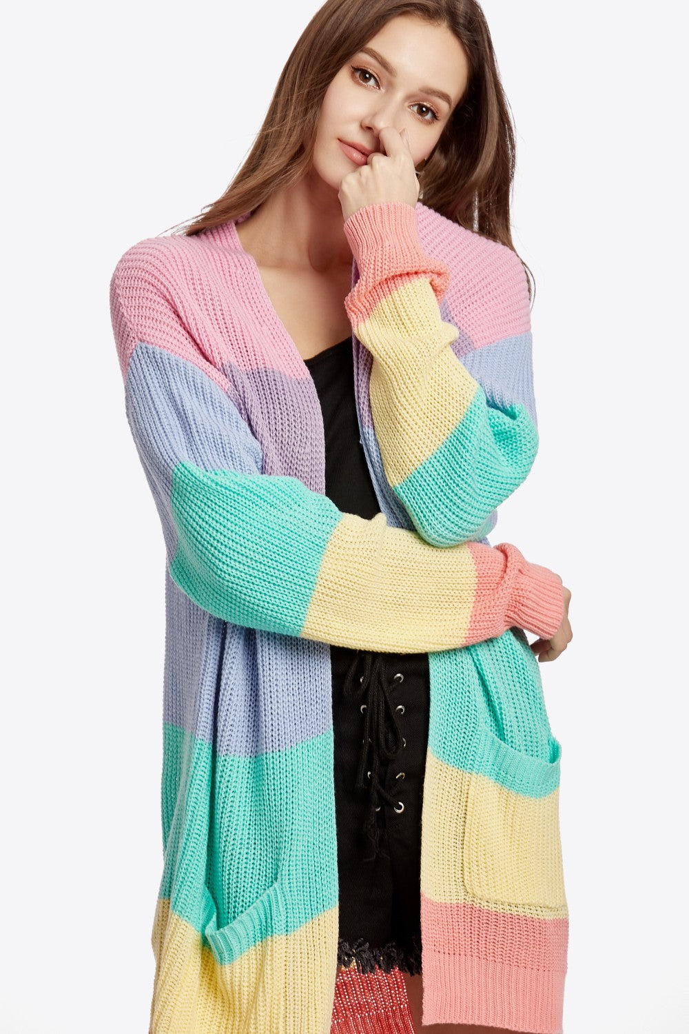 Color Block Open Front Drop Shoulder Cardigan with Pockets