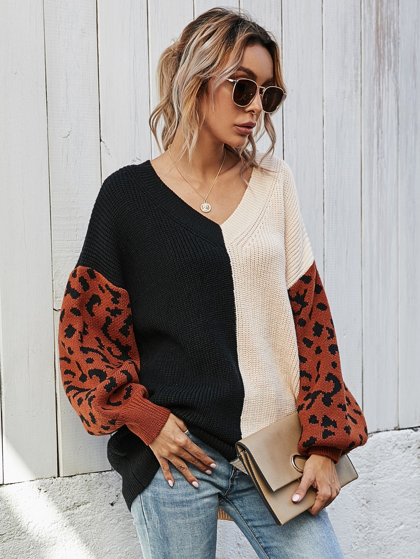 Leopard Color Block V-Neck Tunic Pullover Sweater